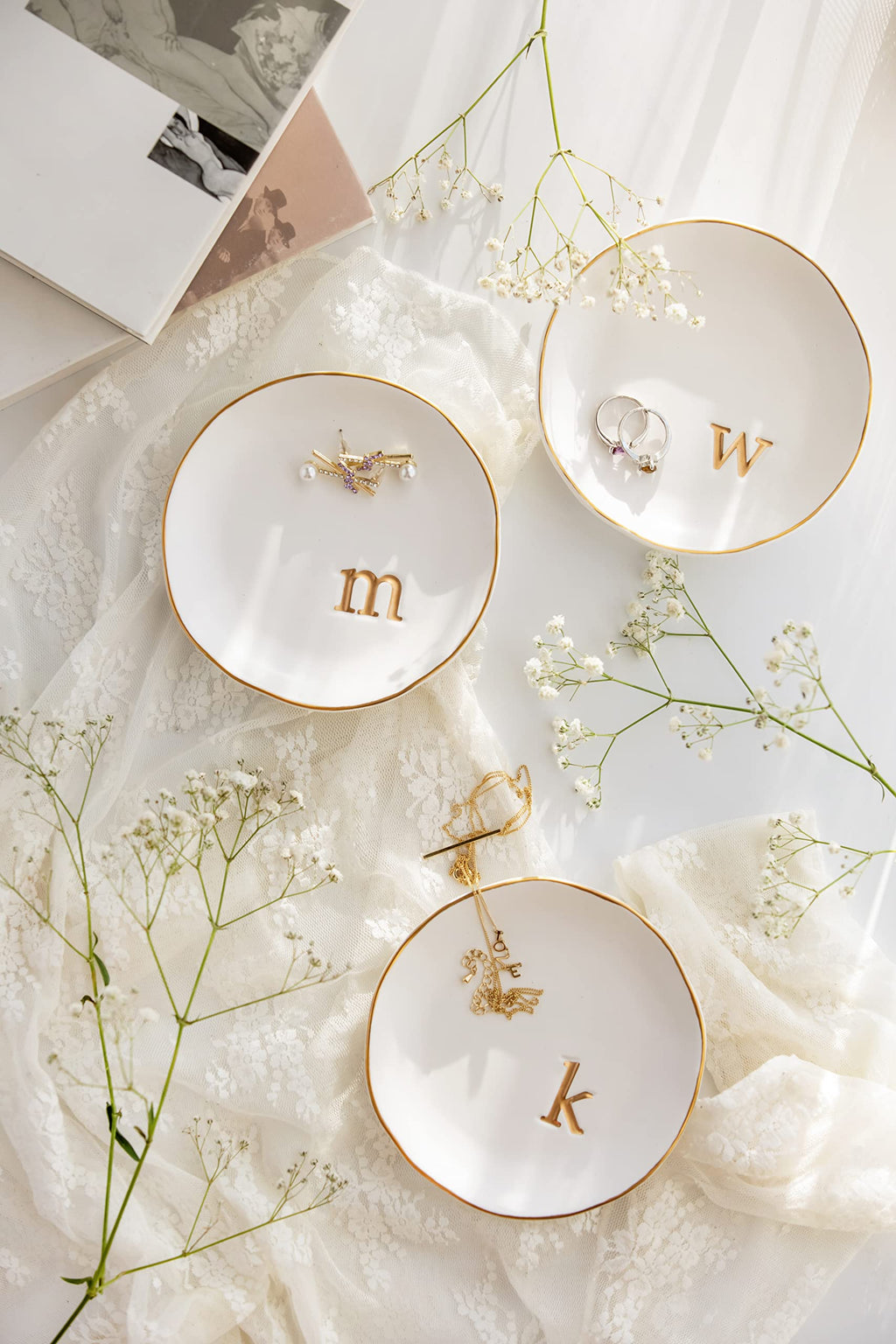 COLLECTIVE HOME - Ceramic Jewelry Tray, Decorative Trinket Dish for Rings Earrings Necklaces Bracelet Watch Keys, Birthday Mother's Day for Women, 4.75", White Surface (D)