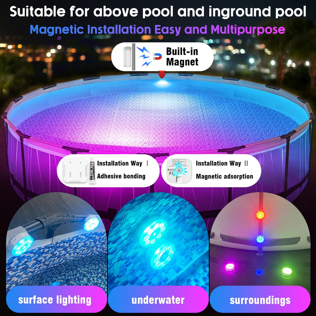 Underwater Pool Lights for Above Ground and Inground Swimming Pools with Remote Timer Off, Magnetic RGB Submersible LED Lights Rechargeable Spotlight 16 Colors 9-mode for Hot Tubs, Fountain -2Pack