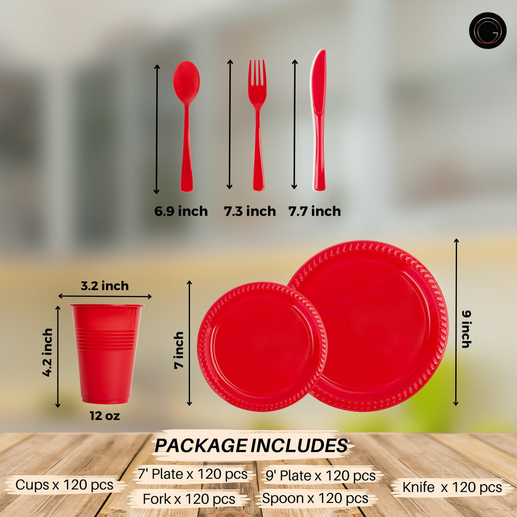 720 Piece Red Disposable Dinnerware Set (120 Guests) Plastic Dinnerware Set Disposable - 120 Count, 9" Dinner Plates, 7" Dessert Plates, 12oz Cups, Forks, Knives & Spoons- Plastic Party Plates Set