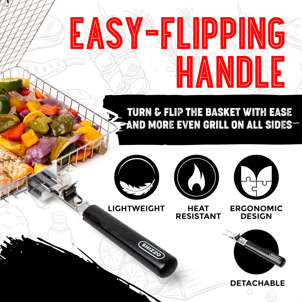 SHIZZO Grill Basket Set, Barbecue BBQ Grilling, Stainless Steel Folding Portable Outdoor Camping Rack for Fish, Shrimp, Vegetables, Cooking Accessories, Gifts for Dad, husband, Friends