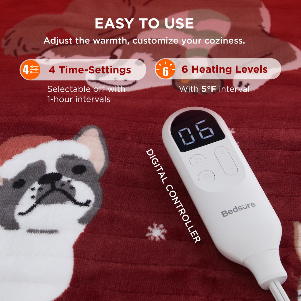 Bedsure Christmas Heated Blanket Throw - Soft Flannel Sherpa Electric Blanket with Pet Pattern, Heating Blanket as a Gift, with 6 Heating Levels, 4 Time Settings, and 3-Hour Auto-Off (50x60 inches)
