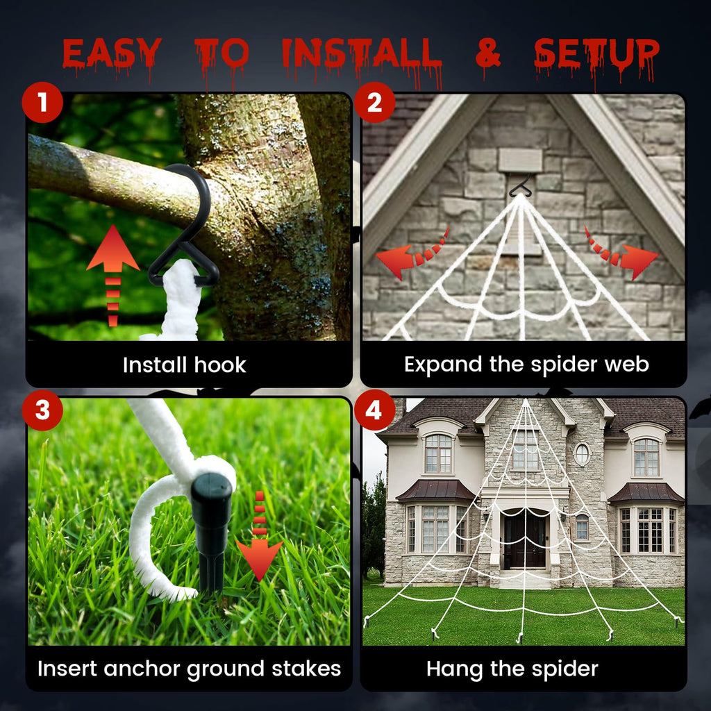 Halloween Decorations Outdoor 200" Halloween Spider Web + 59" Giant Fake Spider and 59" Round Spider Web + 29" Fake Spider, Indoor Outdoor Halloween Decorations Yard Home Parties Haunted House Decor