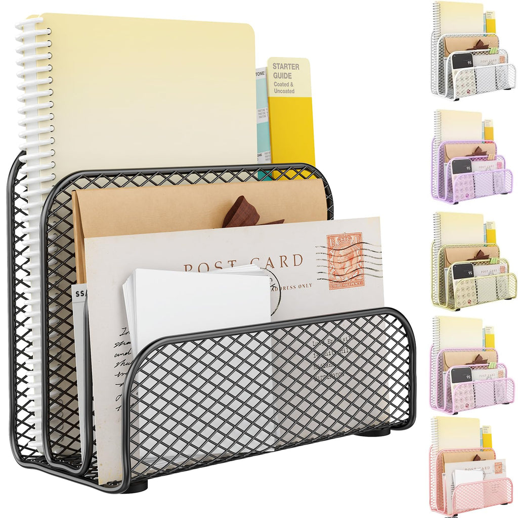 Mail Organizer Countertop, Book Shelf,Metal File Holder with 3-Slot, Book Shelf, Bill Organizer for Office Receipts and Letter Paper Storage (Black)
