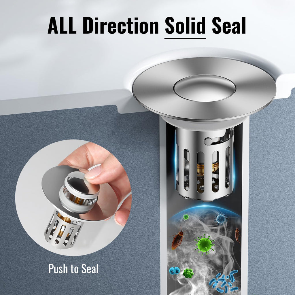 5-in-1 Bathroom Sink Stopper, 2 Pc Pop-Up Drain Stopper with Removable Hair Catcher, Anti-Clog Strainer, Odor Blocking & One-Way Flow Design, All Metal Brass Core & Stainless Steel, Fit 1.1"–2.36"