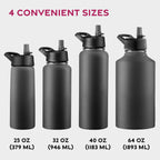 FineDine Insulated Water Bottles with Straw - 40 Oz Stainless Steel Metal Water Bottle W/ 3 Lids - Reusable for Travel, Camping, Bike, Sports - Inky Raven Black