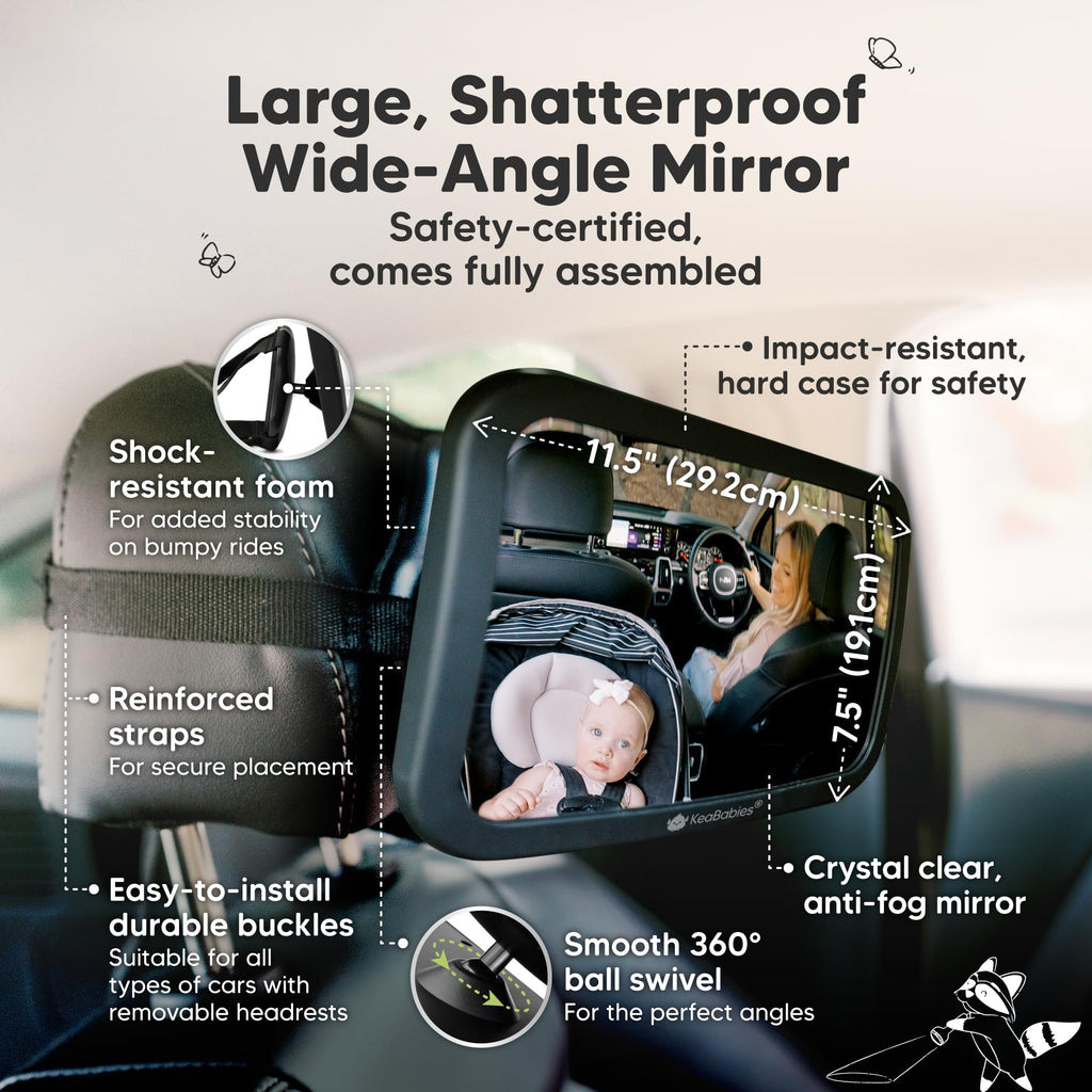 KeaBabies Baby Car Seat Mirror - Wide Shatterproof Backseat Infant Car Mirror for Baby Rear Facing, Crystal Clear View, Travel Accessories, Easy Install & Adjust for Removable Headrest (Matte Black)