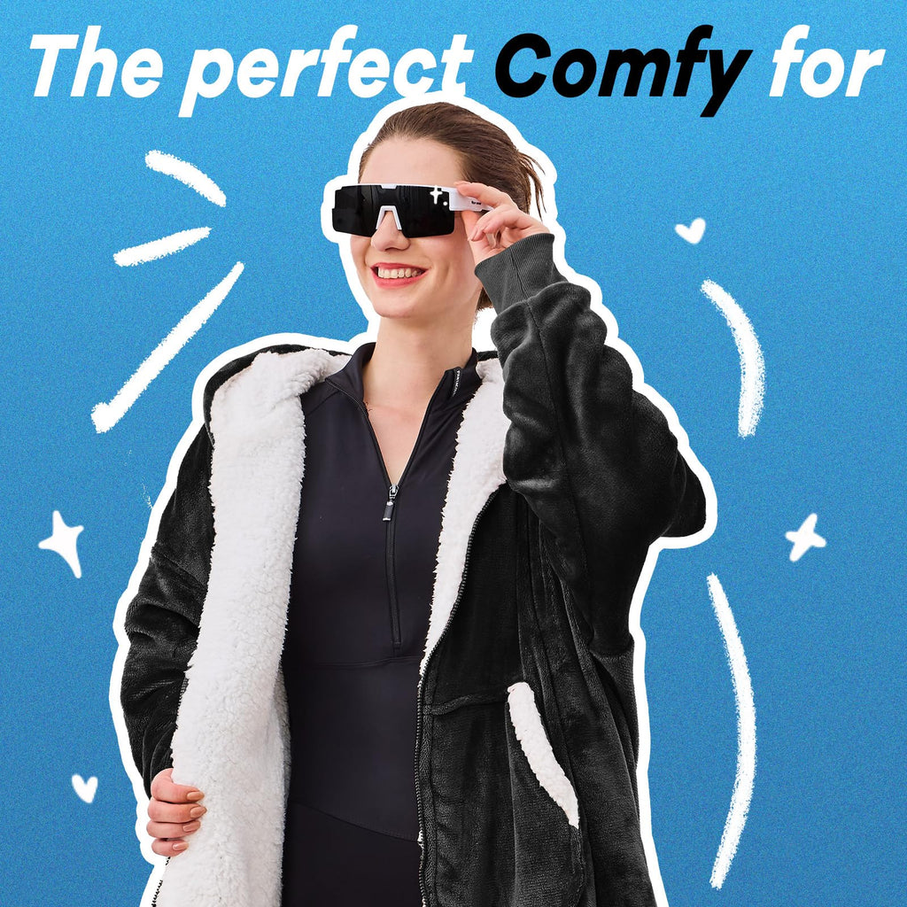JOYWOO Wearable Blanket Hoodie, Oversized Hooded Blanket for Adult, Birthday Christmas Gifts for Women Men, Cozy Fuzzy Sherpa Sweatshirt Blanket with Giant Pocket and Zipper, Black
