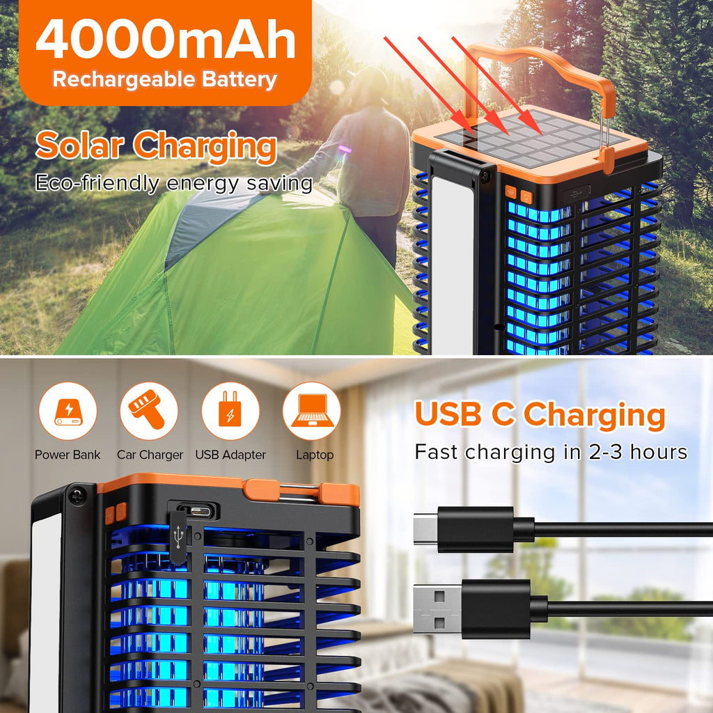 Solar Bug Zapper for Outdoor Indoor, Cordless & Rechargeable Mosquito Zapper with Reading Lamp, 4200V High Powered Mosquito Killer Insect Fly Trap Equipped 4000mAh Battery for Home, Patio, Camping