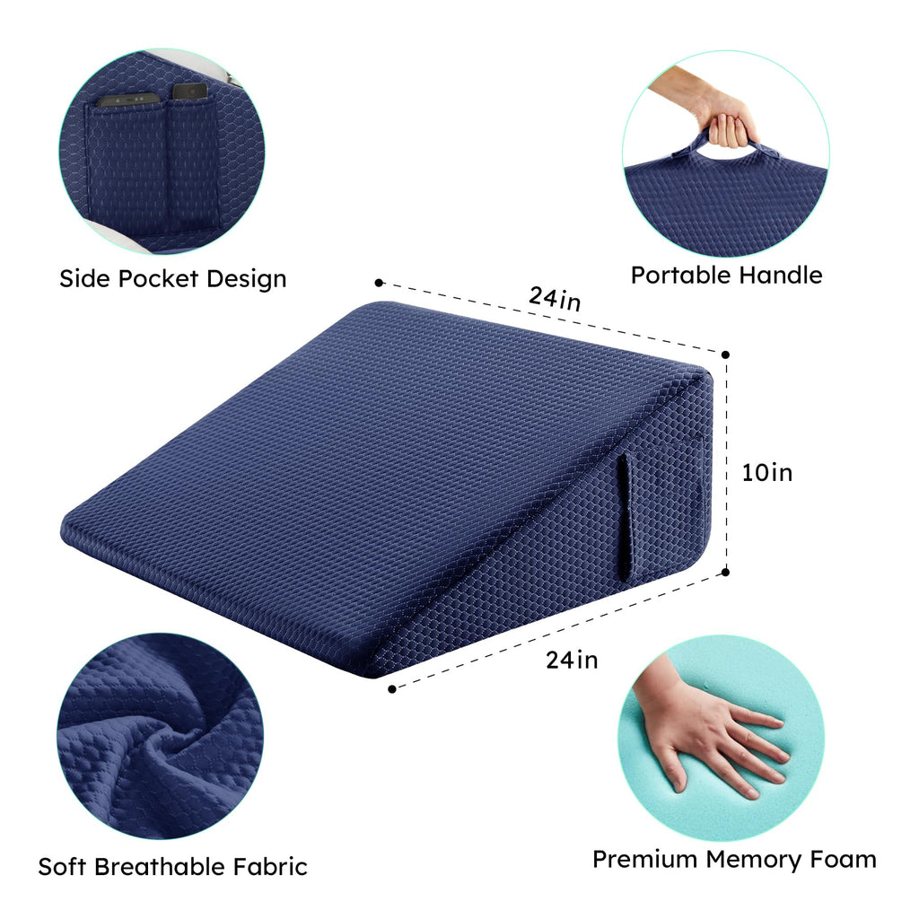 Bedluxe Wedge Pillow for Sleeping, 10 inch Elevated Support Bed Wedge Pillow, Breathable Triangle Pillow Wedge with Cooling Memory Foam Top - Removable Washable Cover, Navy