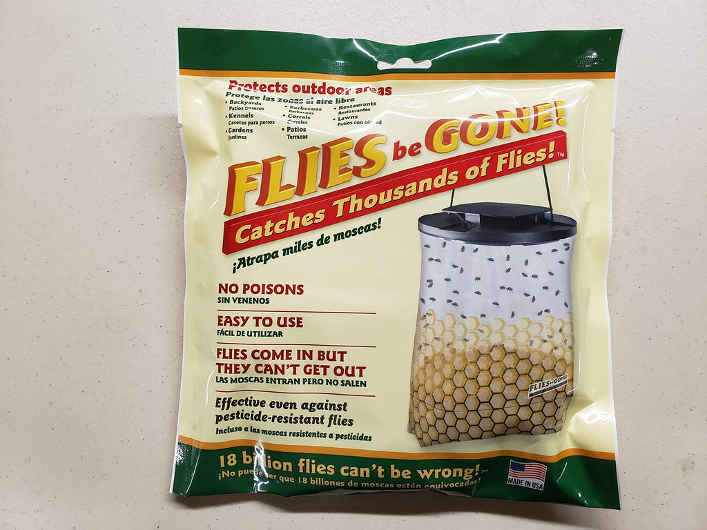 Flies Be Gone Fly Trap - Disposable Non Toxic Fly Catcher - Made in USA - Natural Bait Trap for Patios, Ranches. Easy to Use Outdoor Fly Trap, Keeps Flies from Coming Indoors (12 Pack)