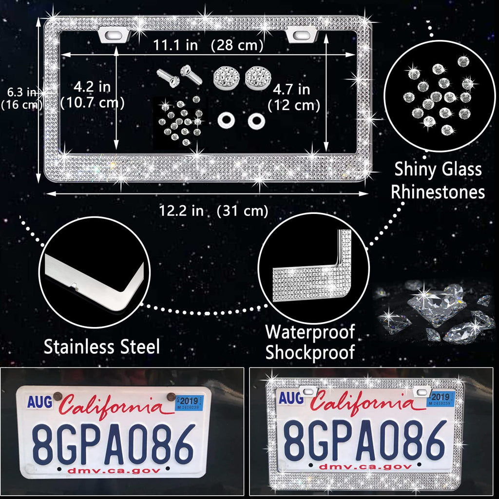 NBTEPEM 27 PCs Bling Car Accessories Set for Women, Steering Wheel Covers Universal Fit 15 Inch, Bling License Plate Frame, Bling Phone Holder, Bling Car Coasters (Silver Diamond)