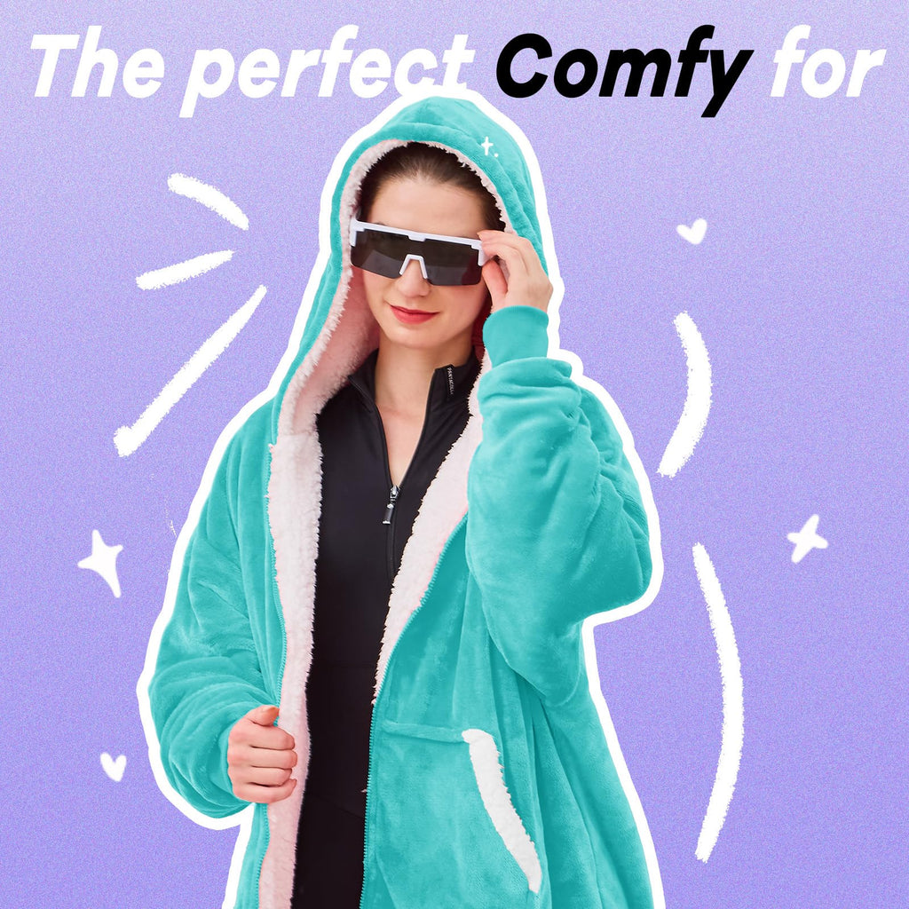 JOYWOO Turquoise Teal Wearable Blanket Hoodie, Birthday Gifts for Trendy Girls Girlfriend Stuff, Oversized Hooded Blanket for Adult Women, Cozy Sherpa Sweatshirt Blanket with Giant Pocket and Zipper