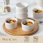 MALACASA Ramekins 10 oz Oven Safe, Porcelain Creme Brulee Ramekins Pudding Custard Cups Large Ceramic Souffle Dishes Ramakan Ramiken Ramicans Baking Bowls Set of 6, White, Series RAMEKIN-DISH