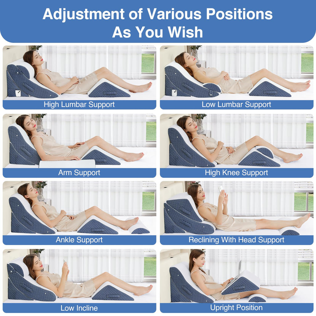 Welzona 4Pcs Orthopedic Bed Wedge Pillow Set for Post Surgery, Gel-Infused Memory Foam Layer Wedge Pillow for Sleep Apnea, Leg, Knee, Back, and Arm Support, Sit up Pillow for Bed