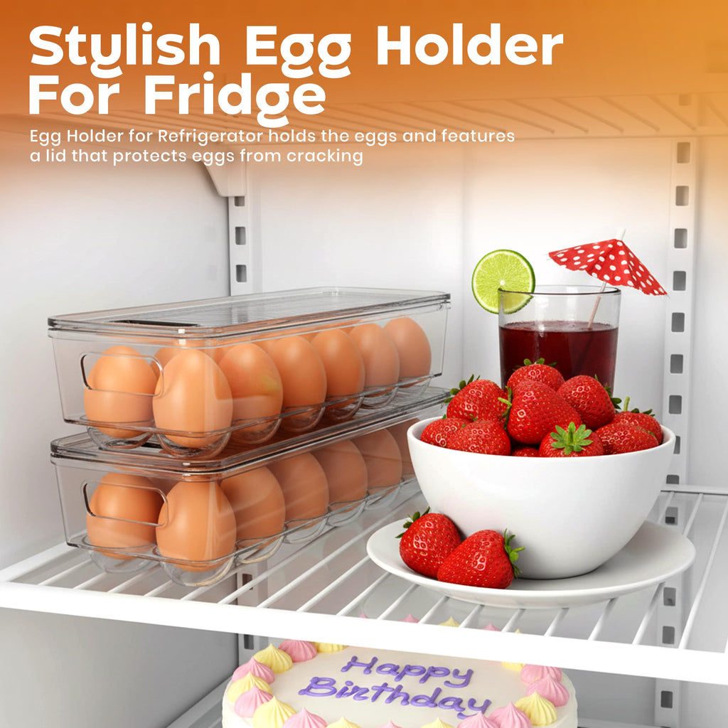 Egg Container With Lid and Handle for Refrigerator Organization- Pack of 2 - Clear Stackable Egg Holder for Kitchen or Pantry Organizers and Storage