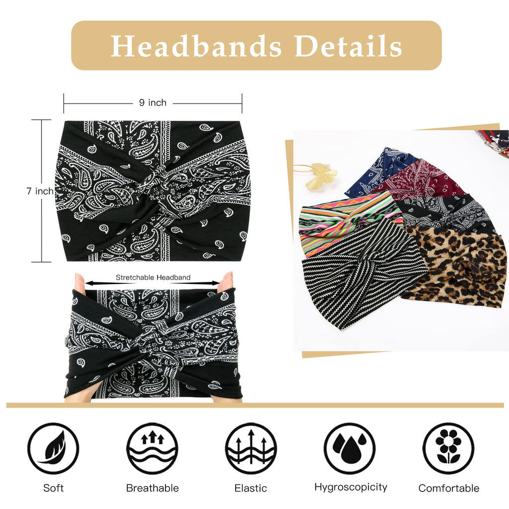 Tobeffect Wide Headbands for Women, 7'' Boho Turban Headband Large Hairband Twisted Hair Accessories, 6 pack