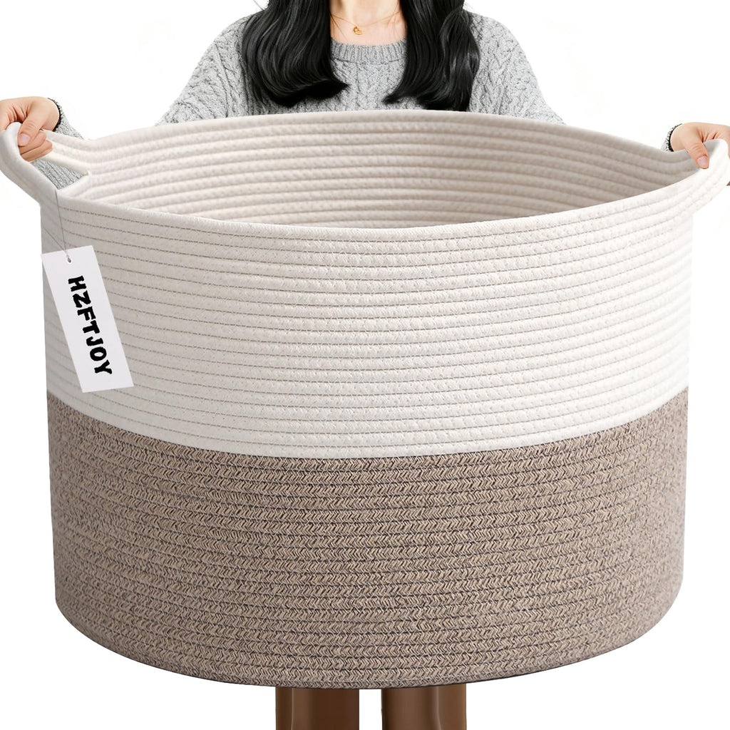 HZFTJOY 65L Large Woven Cotton Rope Blanket Basket with Handles, Laundry Hamper Storage Bin for Pillows, Clothes, Bedroom and Living Room Organization, White & Brown