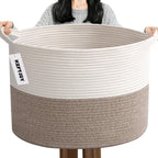HZFTJOY 65L Large Woven Cotton Rope Blanket Basket with Handles, Laundry Hamper Storage Bin for Pillows, Clothes, Bedroom and Living Room Organization, White & Brown