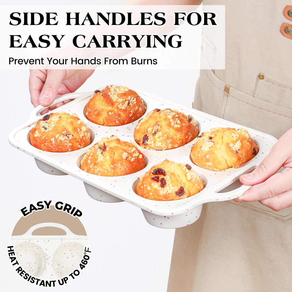 AOTASO 2 Pcs Jumbo Muffin Pan with Metal Frame, Nonstick 6 Cup Extra Large Cupcake Pan for Baking, Silicone Deep Muffin Tray for Egg Bites (Cream)