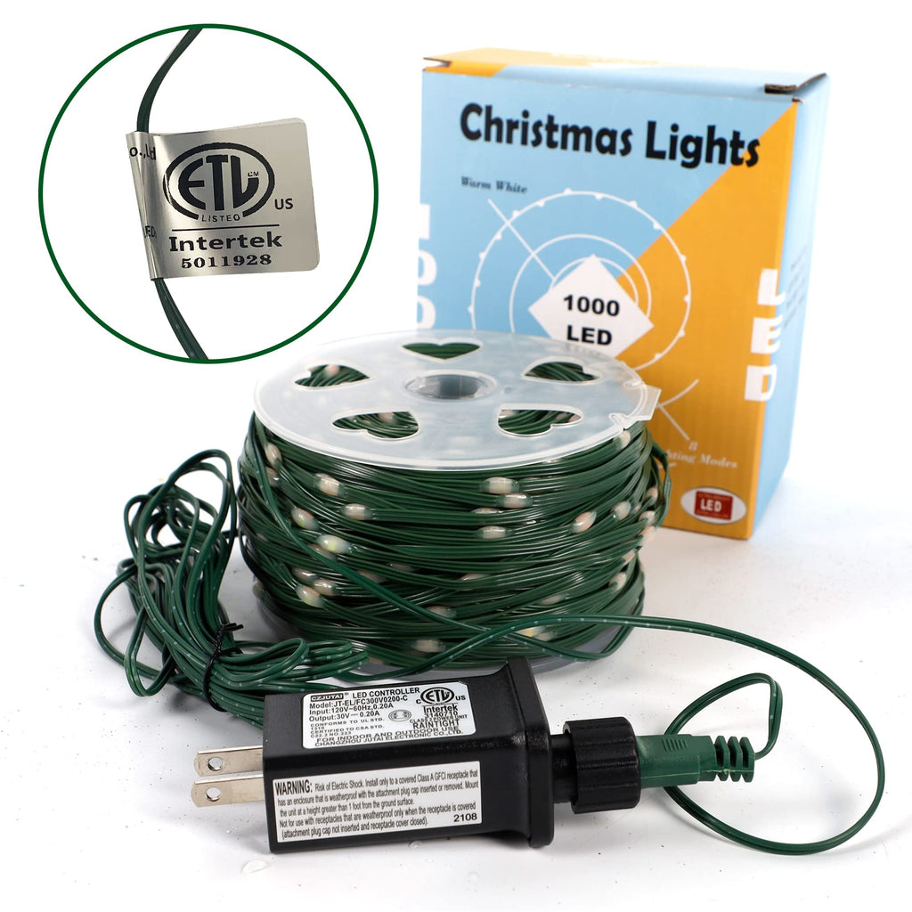 WATERGLIDE Extra Long 328 FT Fairy String Lights, 1000 LED Outdoor Christmas Lights, Green PVC Copper Wire Lights, Plug in 8 Modes & Waterproof for Xmas Tree Holiday Wedding Party Decor, Warm White