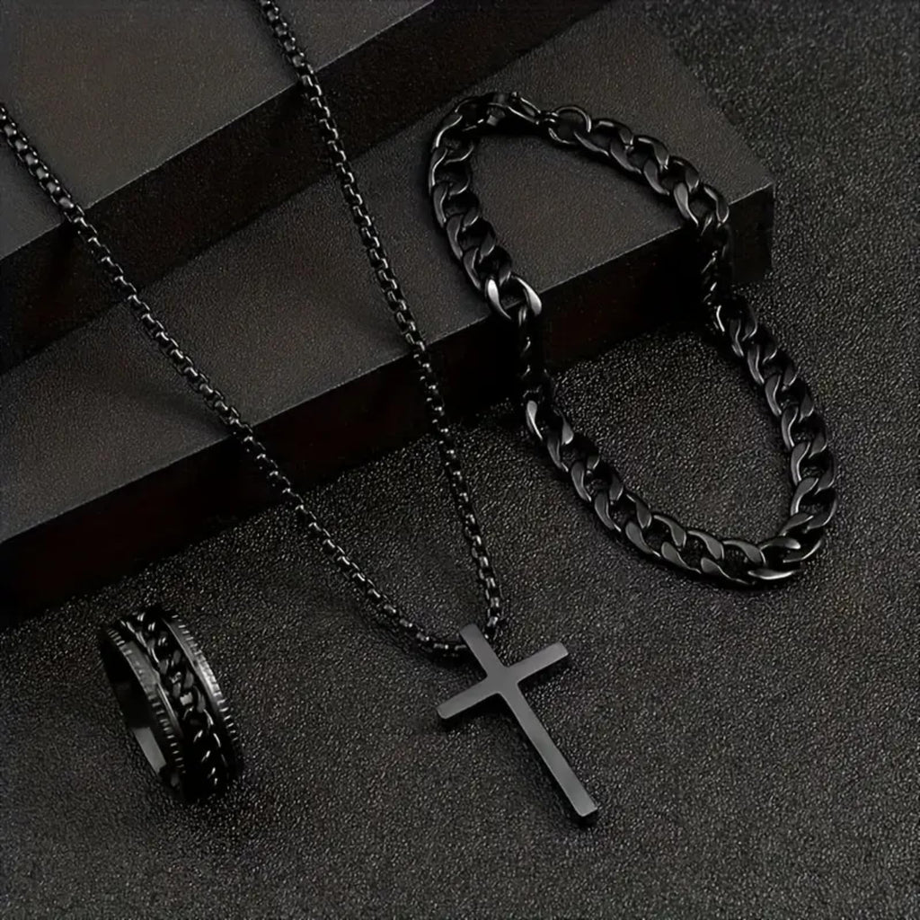 Alloy Cross Necklace Bracelet Ring Set of Three, Cross Pendant, Fashion Accessories, Suitable for Everyday Wear and Match