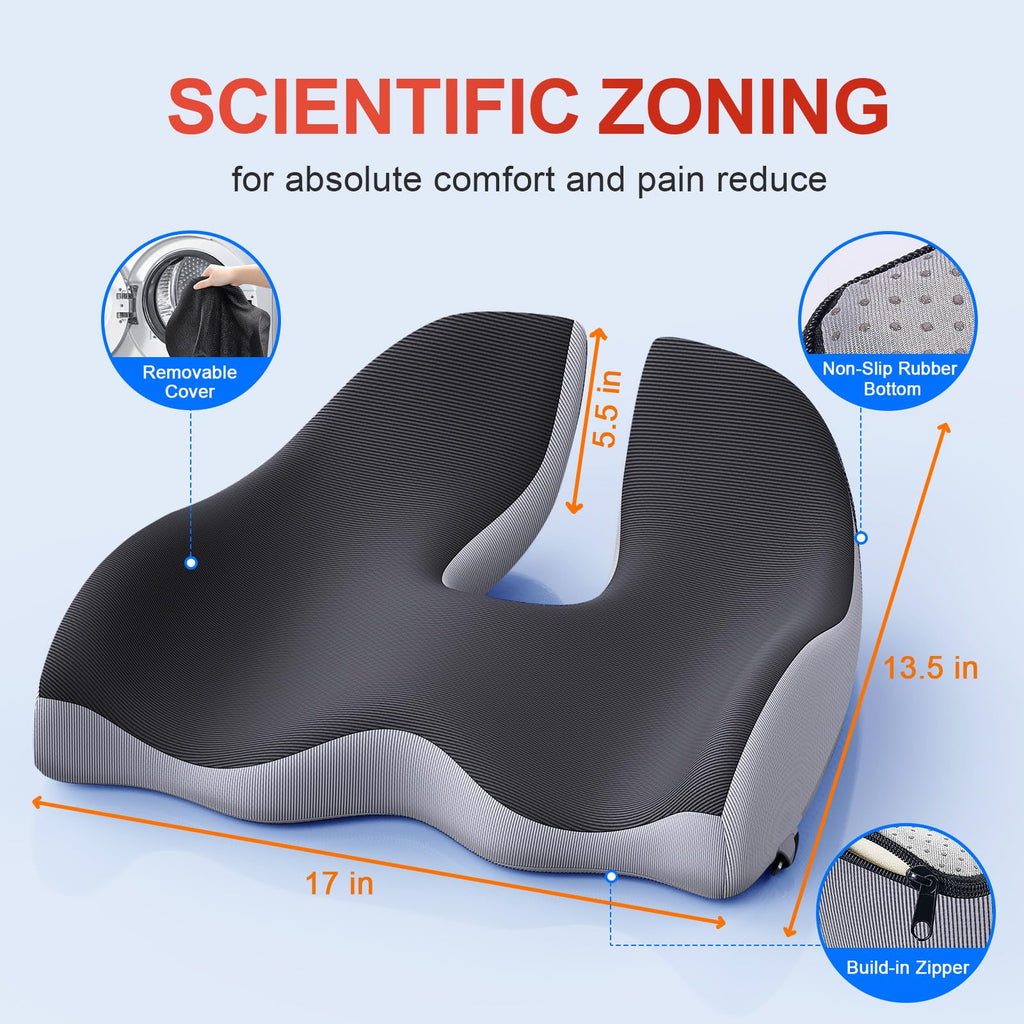 Benazcap X Large Memory Seat Cushion for Office Chair Ergonomic Cushions Butt Pillow for Pressure Relief Sciatica & Pain Relief Memory Foam for Long Sitting for Gaming Chair and Car Seat-Black & Grey