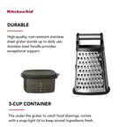 KitchenAid Gourmet 4-Sided Stainless Steel Box Grater for Fine, Medium and Coarse Grate, and Slicing, Detachable 3 Cup Storage Container and Measurment Markings, Dishwasher Safe, 10 inches tall, Black
