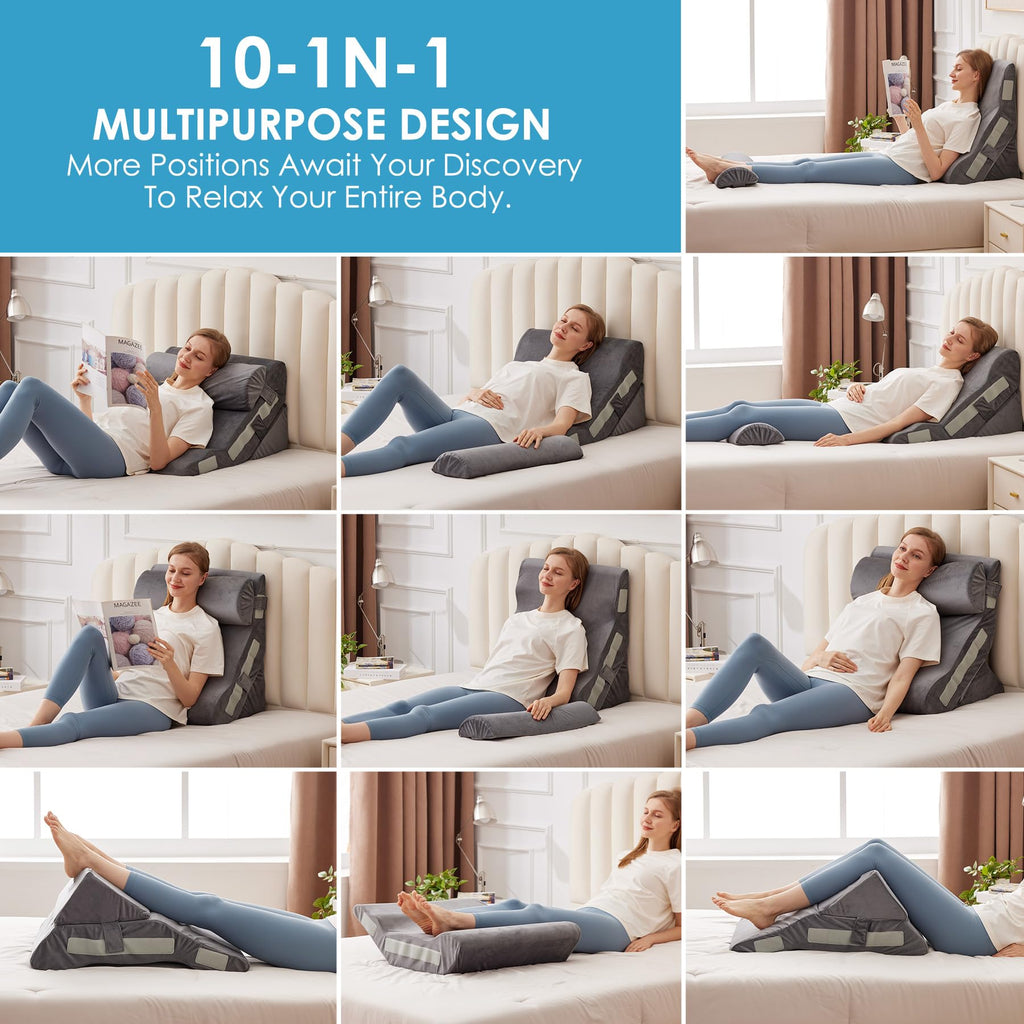 MEGCXIT 3PCS Bed Wedge Pillow for Headboard, 10-in-1 Adjustable Foam Wedge Pillow for Acid Reflux Relief, 23” Wide Triangle Pillow Wedge for Post Surgery, Back Pain Relief & Snoring, Grey