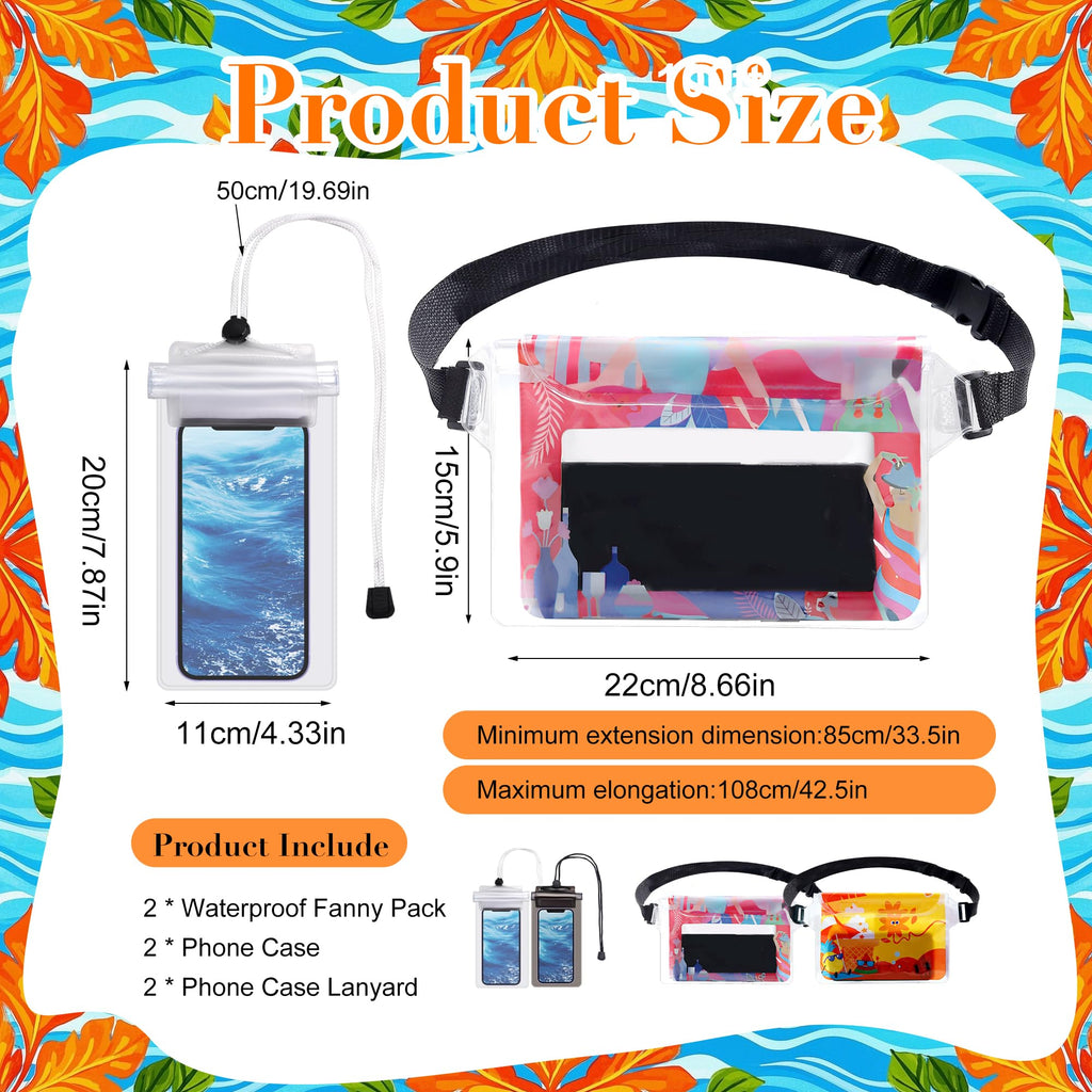 4 Pack Waterproof Fanny Pack with Waist Strap Waterproof Phone Pouch Dry Bag for Kayaking Pool Swimming Boating Beach Fishing Travel Diving Surfing (Hawaii, 2 Fanny Pack + 2 Pouch Bag)