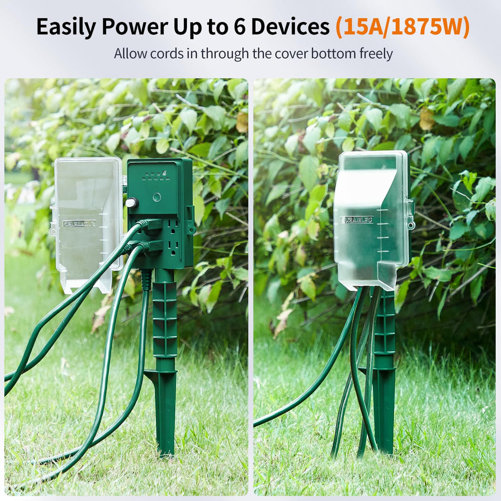 SURAIELEC Outdoor Power Stake Light Timer, Dusk to Dawn, 6 Electrical Outlet Power Strip Weatherproof, 6FT Extension Cord Multiple Outlet for Patio Lights, Sprinkler, Garden, Christmas Decorations