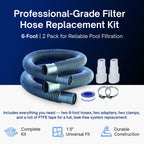 FibroPool Professional Pool Filter Hose Replacement Kit – 1.5" 6 Foot Hose 2 Pack with Reinforced Cuffs, Adapters, Clamps & PTFE Tape – Durable, Leak-Resistant, Universal Compatibility