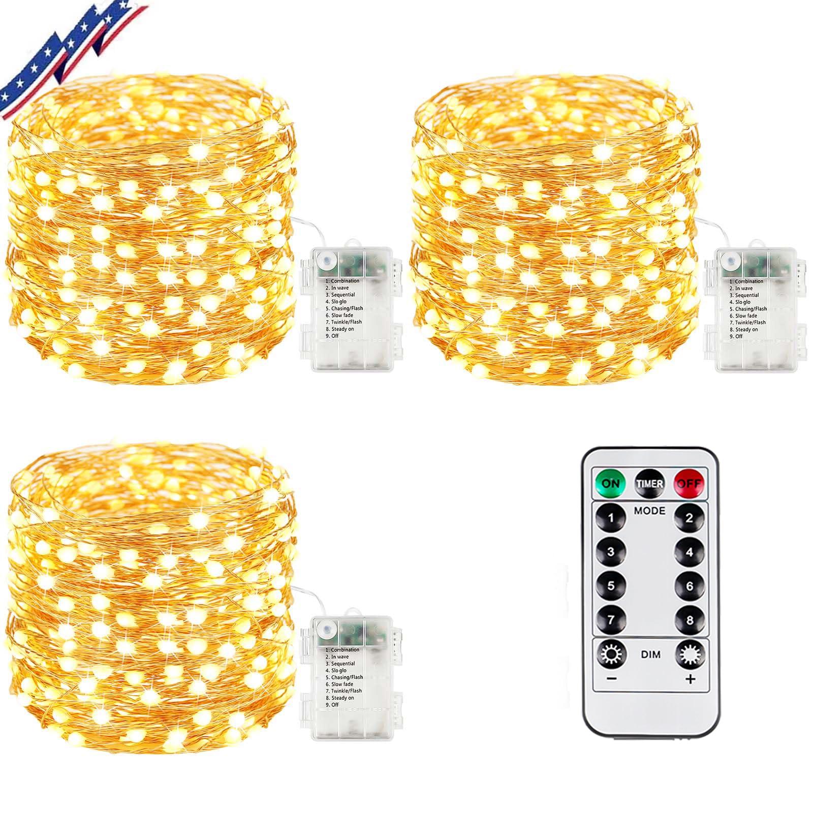 3Pack 198Ft 600LED Battery Operated Fairy Lights with Remote, Waterproof Battery Christmas String Lights with Timer, Twinkle Lights for Bedroom Christmas Decorations (Warm White)