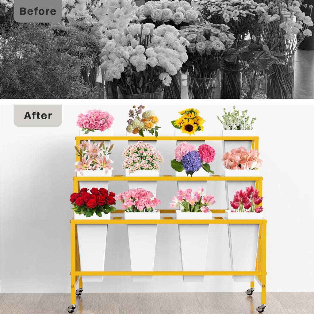 VGMiu Flower Display Stand with 12 Buckets, Flower Cart 3 Layers Gold Metal Flower Bar Stand with Wheels, Moving Florist Bouquet Shelf for Weddings Florist Indoor Outdoor Patio Garden Living Room