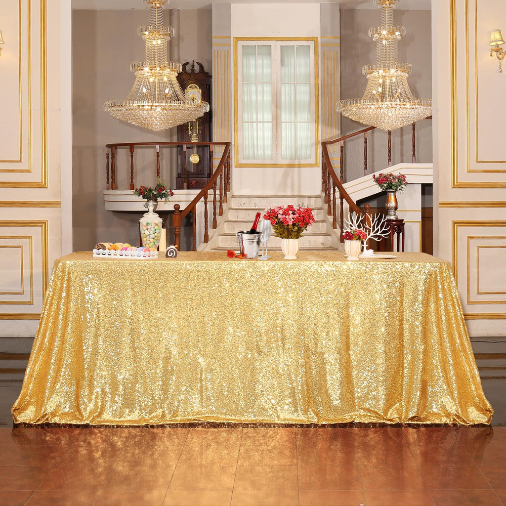 PartyDelight 50"X80" Rectangle Sparkly Gold Sequin Tablecloth for Wedding, Party, Christmas Decorations