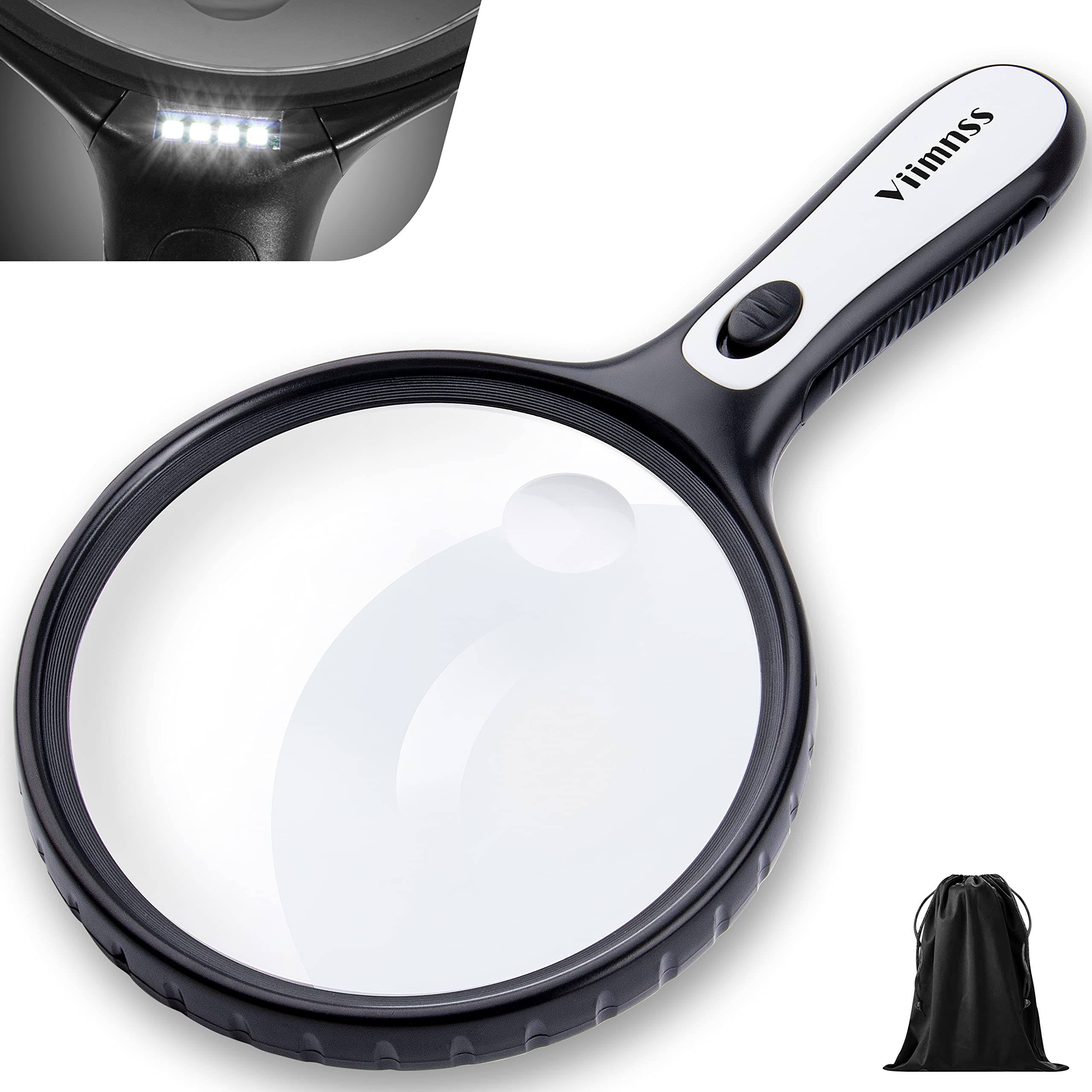 Large Magnifying Glass with Light, 5X 15X Magnifier Handheld Illuminated Lighted Magnifier with 4 LED Lights Storage Bag Clean Cloth for Seniors Reading, Inspection, Exploring
