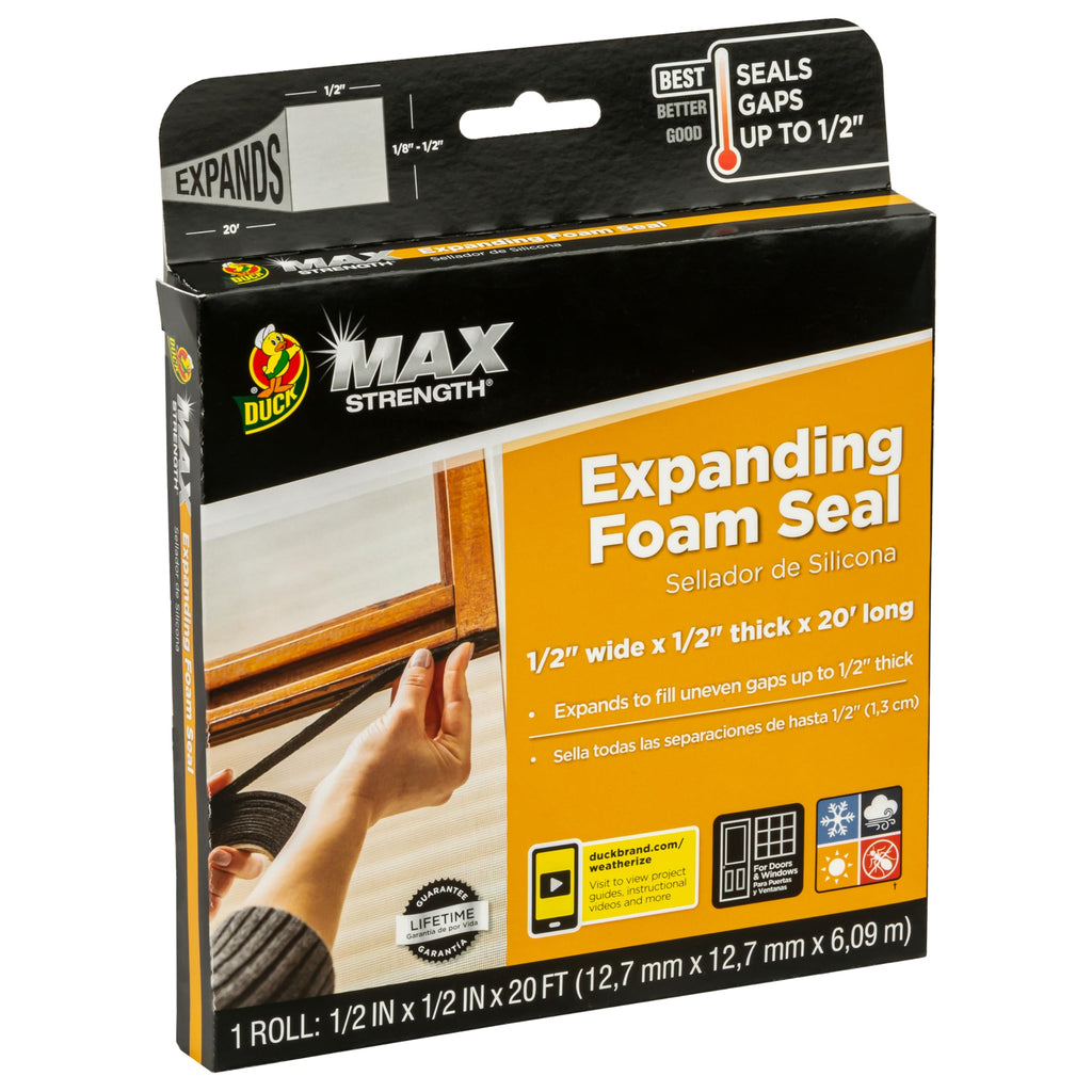 Duck Max Strength Expanding Foam Seal for Doors and Windows, .5 in. x .5 in. x 20 ft., Expands to Fit Uneven Gaps up to 1/2 Inch Thick, Cut to Size, Black, 1-Roll