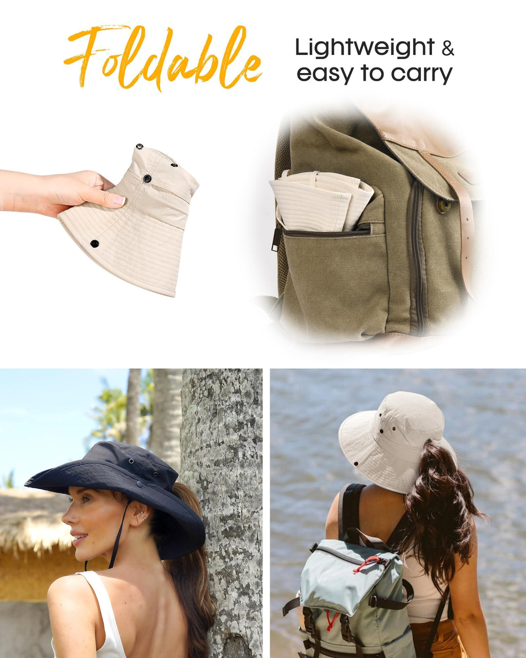 Sun Hats for Women Ponytail UV Protection Beach Summer Hat Wide Brim Packable Cowboy Hat Beige