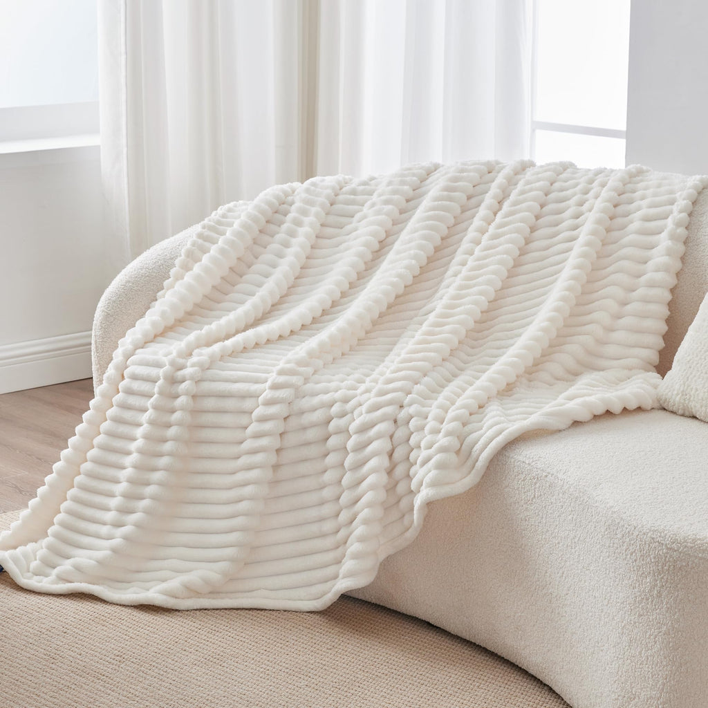 Fleece Throw Blanket for Couch - 300GSM Soft & Warm Fluffy Cream White Blanket, Decorative and Giftable Striped Blankets for Women, Men, 50"x60"