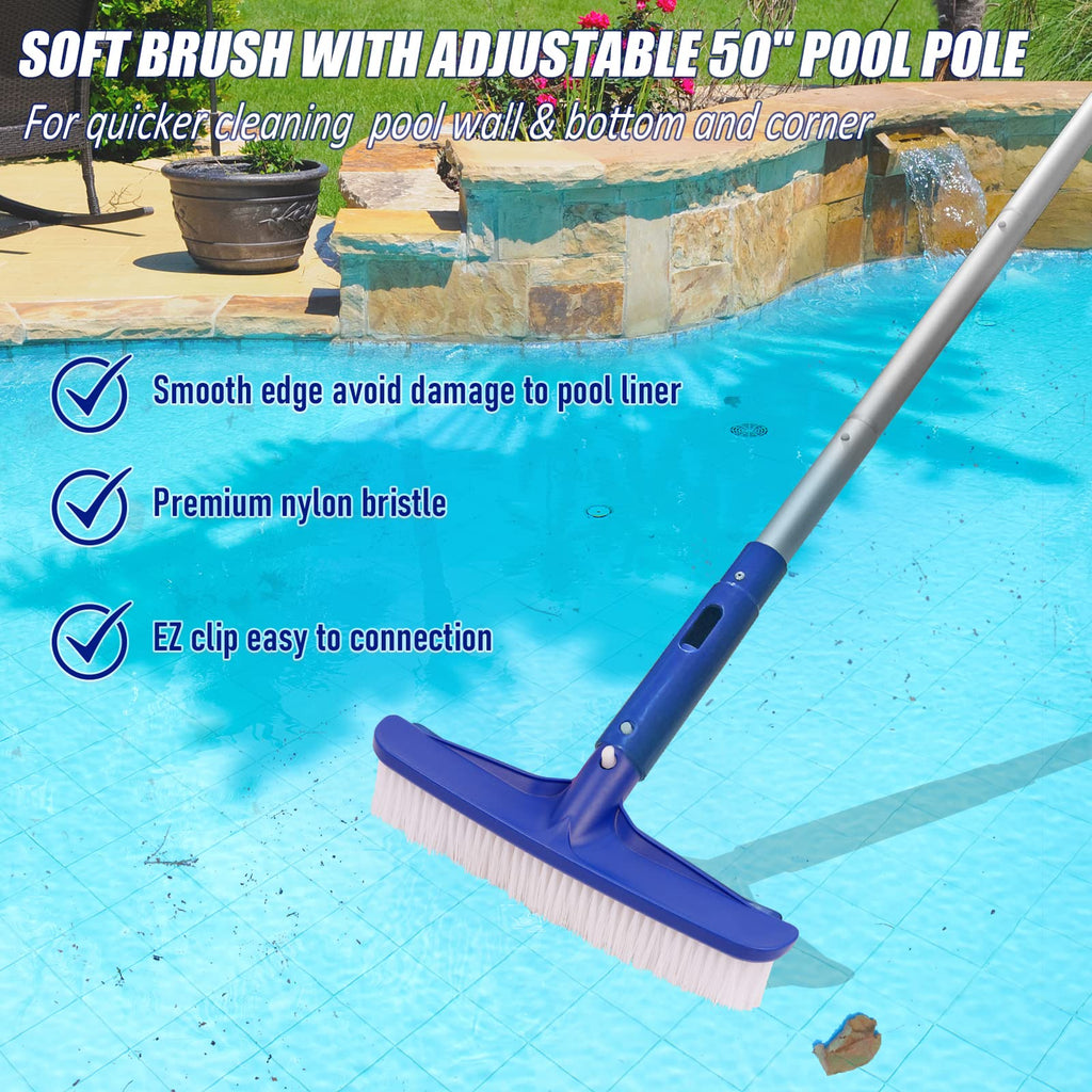 Poolvio Swimming Pool Cleaning Kit, 14'' Brush Head & 50'' Telescopic Aluminum Pole with Fine Mesh Skimmer Net - Perfect for Above Ground Pools, Spas, Hot Tub Fountains Blue (PK0140)