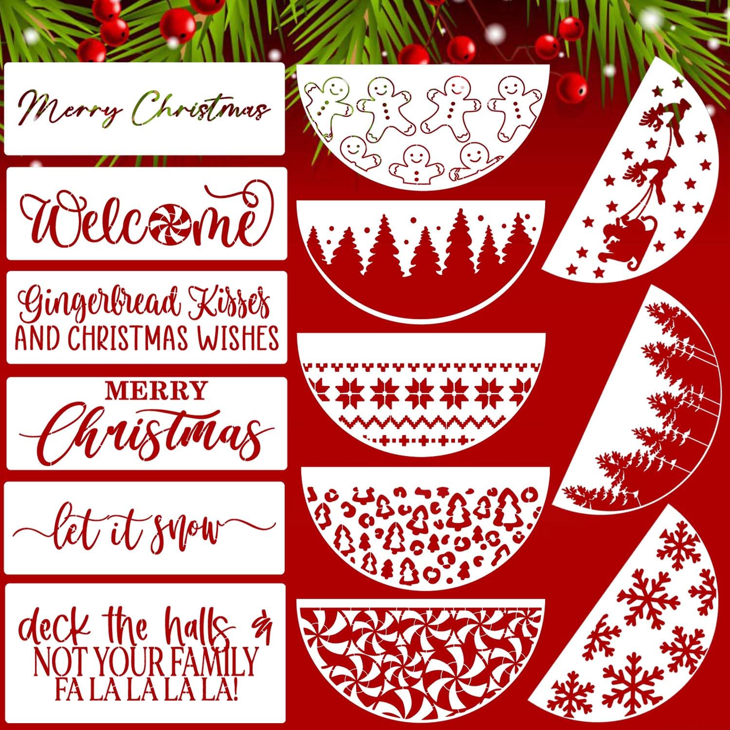 Christmas Stencils for Painting 12” Xmas Stencil for Wood Half Round Holiday Stencils Merry Christmas Let It Snow Templates for Porch Door Home Decor