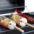 ivtivfu Rolling Grill Basket, Removable Wooden Handle, 304 Stainless Steel, Nesting BBQ Tools, Smoker Grilling Accessories for Vegetable, Outdoor Cooking Camping, Birthday Gifts for Men Dad Husband