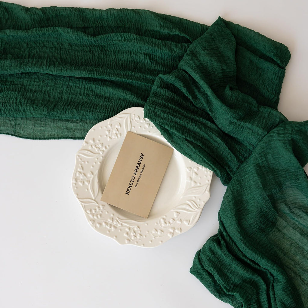 Keketo 6pcs Christmas Emerald Green Cheesecloth Table Runner Gauze 120 Inch 10 FT Rustic Boho Cheese Cloth Runner for Wedding Baby Shower Bridal Shower Birthday Party Long Sheer Home Decorations