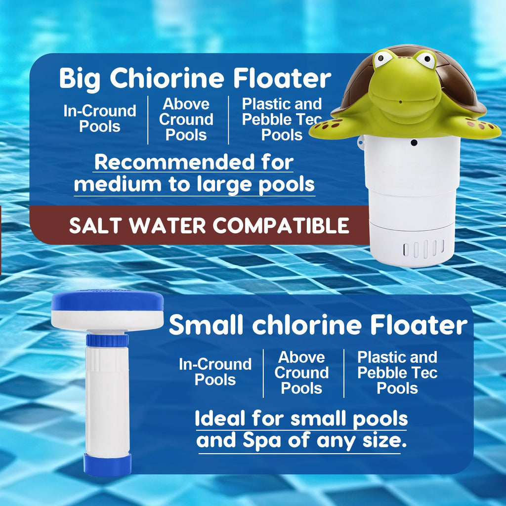 Merkia Pool Chlorine Floater, Large Capacity Floating Chlorine Dispenser Fits Up to 5 Pc 3-Inch Chemical Tablets, Heavy-Duty Plastic-Anti-Aging,Top Vacuum Design- Prevent sinkin (Turtle)