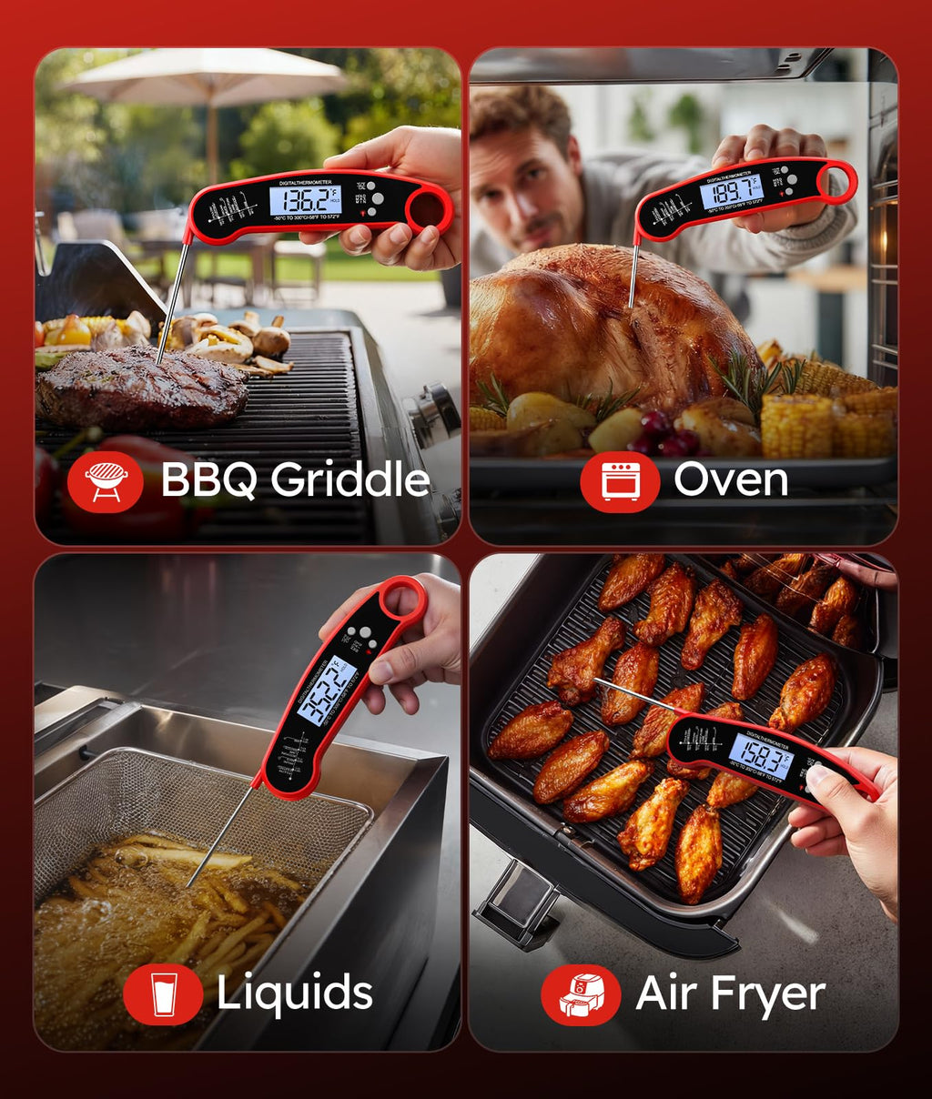 Meat Thermometer Digital – Instant Read Food Thermometer for Grilling, BBQ, Air Fryer, Smoker, Candy Making with Foldable Probe, Kitchen Gadgets, BBQ Essentials, Gift for Dad Men Husband Him, Red