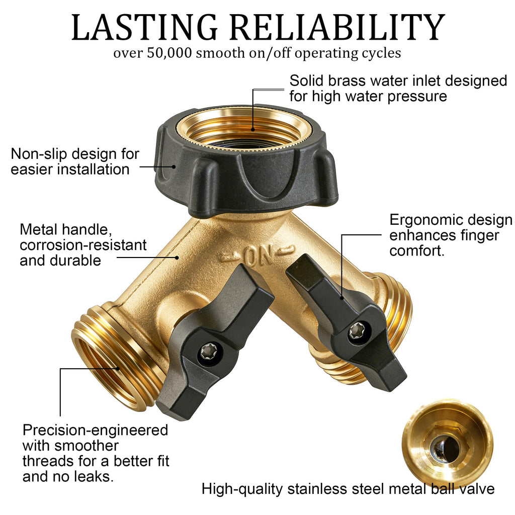 Brass Garden Hose Splitter 2 Way, 3/4 Inch Hose Connector Tap Splitter, Hose Y Splitter, Hose Spigot Adapter 2 Valves with Extra Rubber Washers
