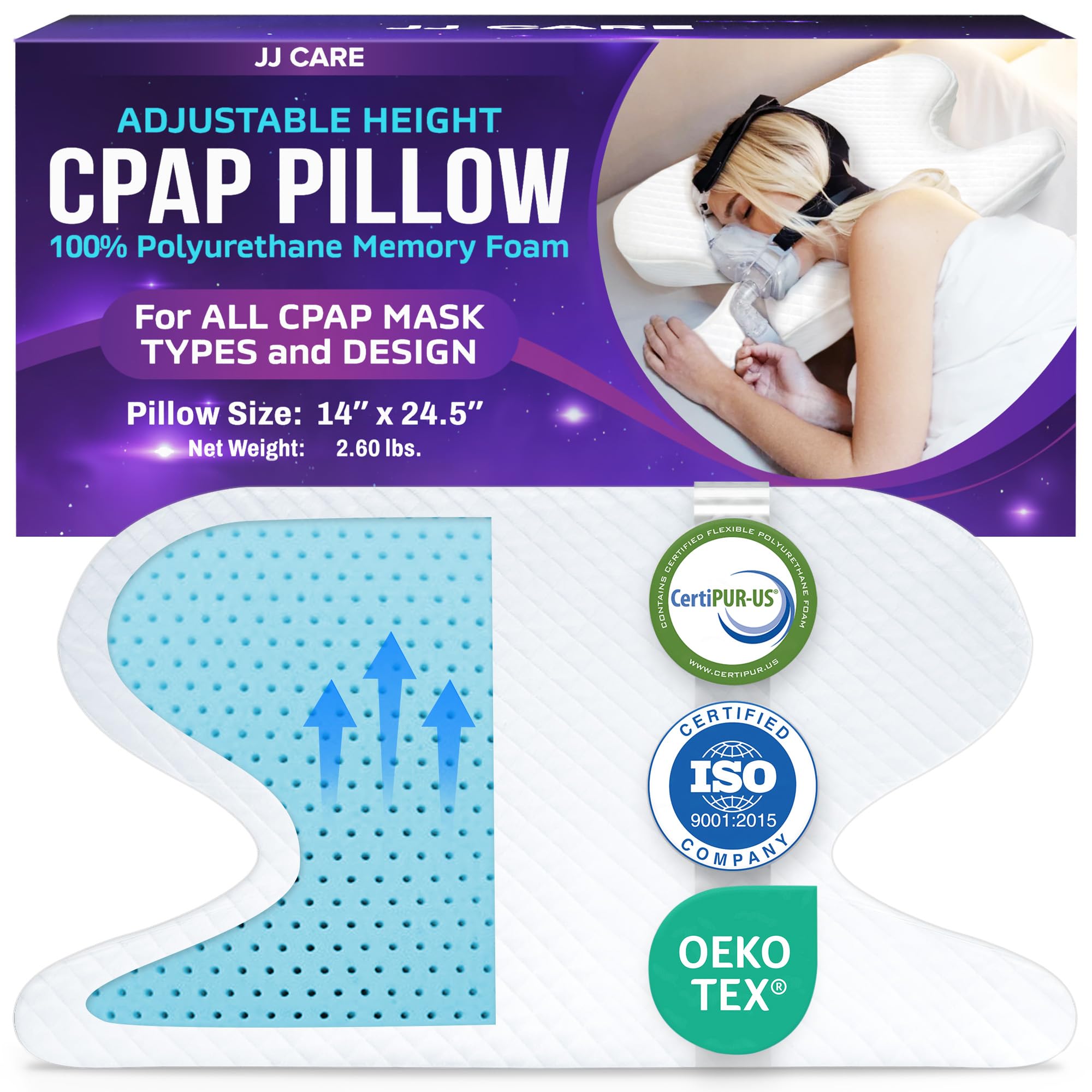 JJ CARE CPAP Pillow with Pillowcase (Pack of 1), CPAP Pillow for Stomach, Side, and Back Sleepers, Adjustable Height CPAP Pillow Memory Foam, CPAP Pillows for Head & Cervical Neck Support