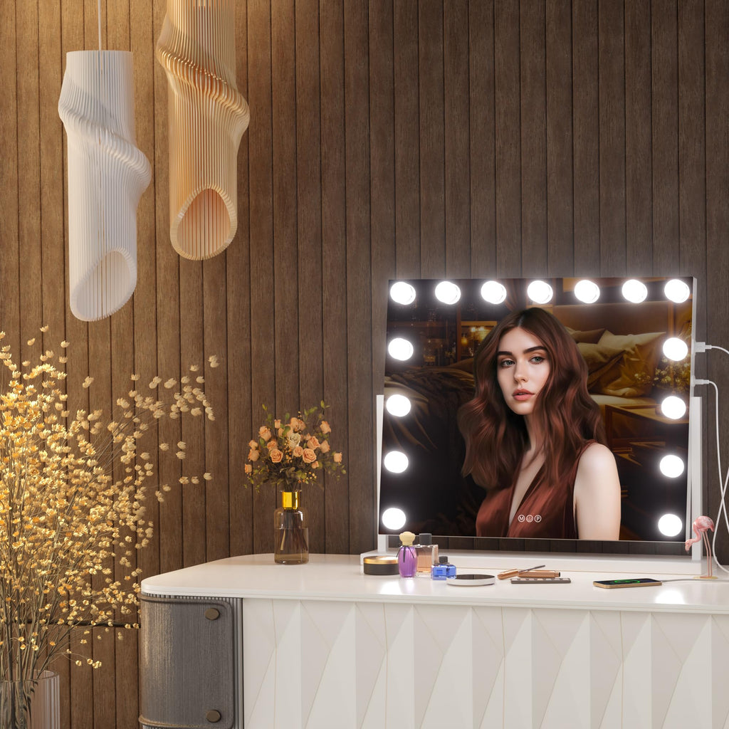 Hasipu Vanity Mirror with Lights, 22" x 18" Hollywood Lighted Makeup Mirror with 15 Dimmable Bulbs, 10X Magnification and USB Charging Port, Smart Touch 3 Colors Dimmable, 360° Rotation (Square)