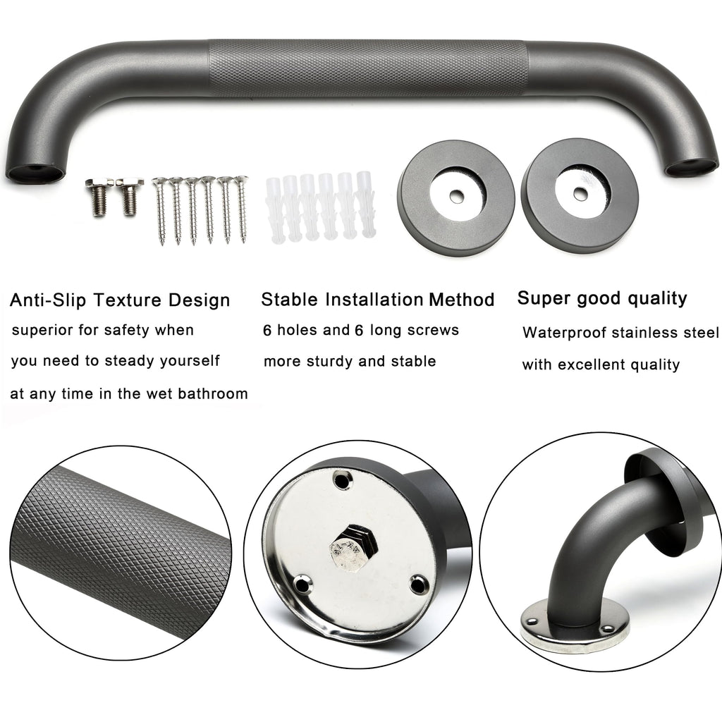 Rackickyer Shower Grab Bar, 2 Pack 32 Inch Gray Bathroom Grab Bar, 1.25" Diameter 304 Stainless Steel Anti-Slip Grab Bars for Bathtubs and Showers, Handicap Shower Grab Bar for Seniors Elderly