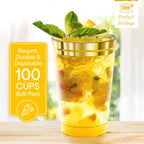 Perfect Settings Premium Double Gold Rimmed Disposable Plastic Cups, Durable Clear Plastic Drinking Glasses for Cold Beverages & Cocktails, BPA-FREE, Disposable Wedding Cups, 14 oz. (Pack of 100)