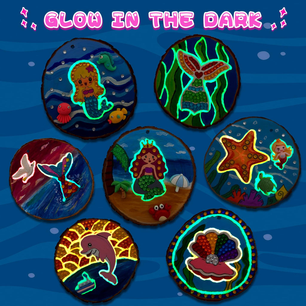 klmars Mermaid Themed Wooden Painting Kit-Glow in The Dark-Arts & Crafts Gifts for Kids Girls Ages 5-12-Wood Slice Craft Activities Kits -Mermaid Art Toys for Kids Christmas Gifts